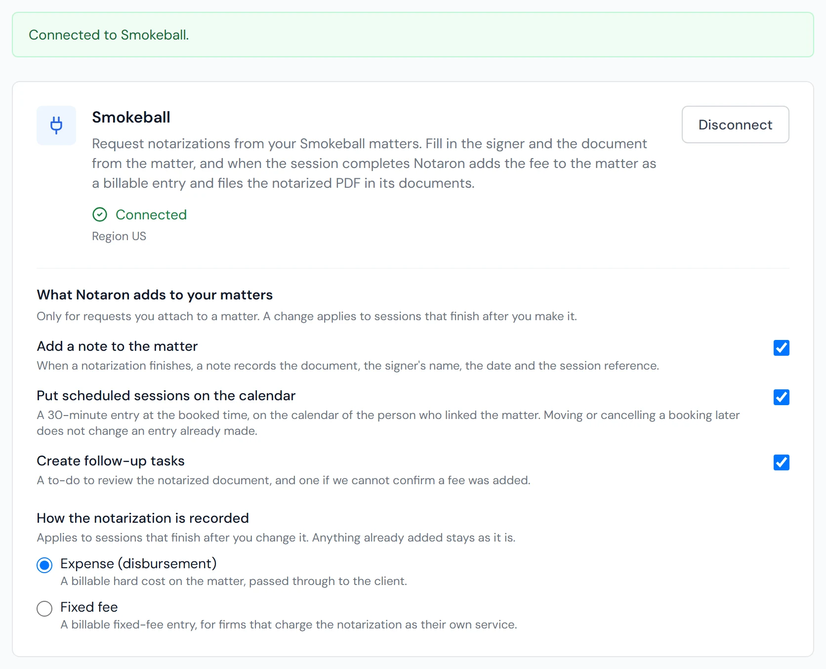 Integrations tab showing Connected to Smokeball and the connected Smokeball card