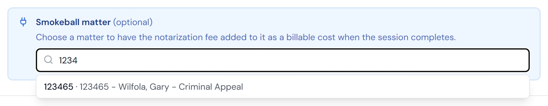Smokeball matter search in the New Notarization Request form