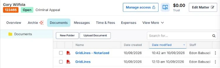 Matter Documents tab in Smokeball with the notarized PDF