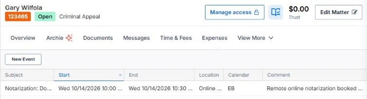 Matter Events tab in Smokeball with the notarization appointment