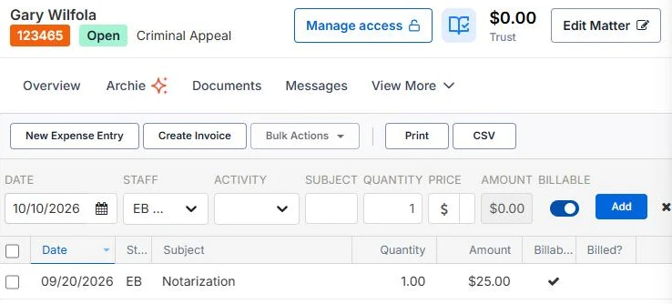Matter Expenses tab in Smokeball with the Notarization expense