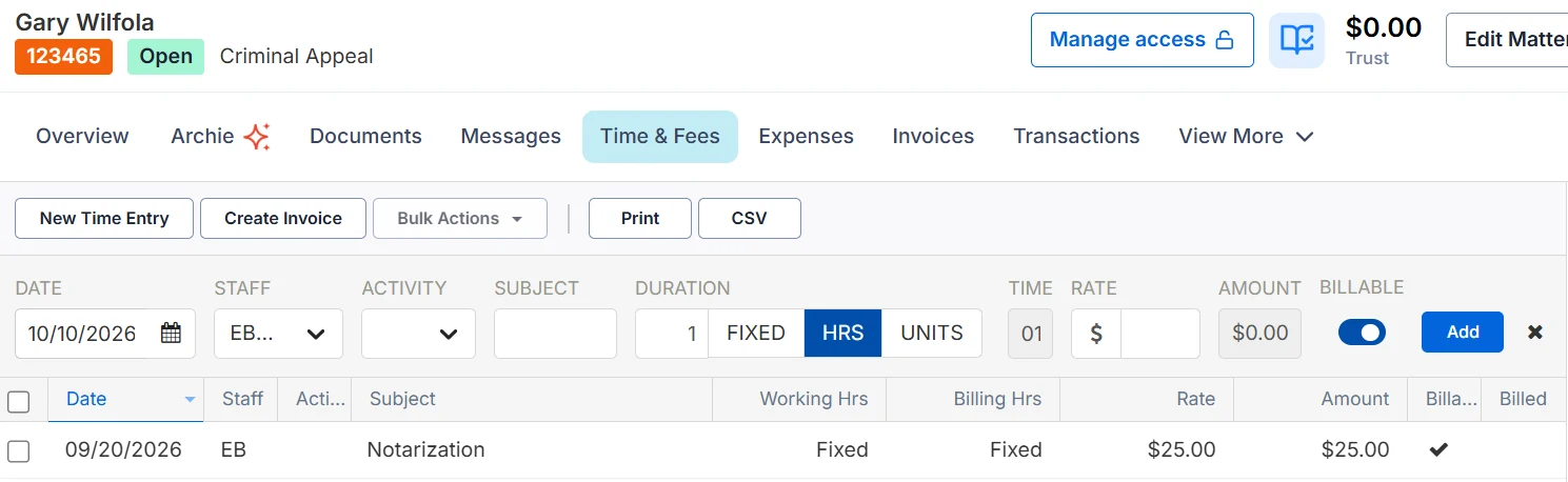 Matter Time and Fees tab in Smokeball with the Notarization fixed fee