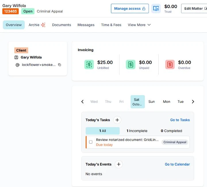 Smokeball matter Overview showing $25.00 unbilled and the review task