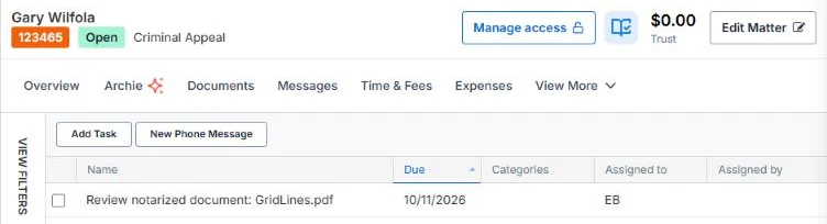 Matter Tasks tab in Smokeball with the review task
