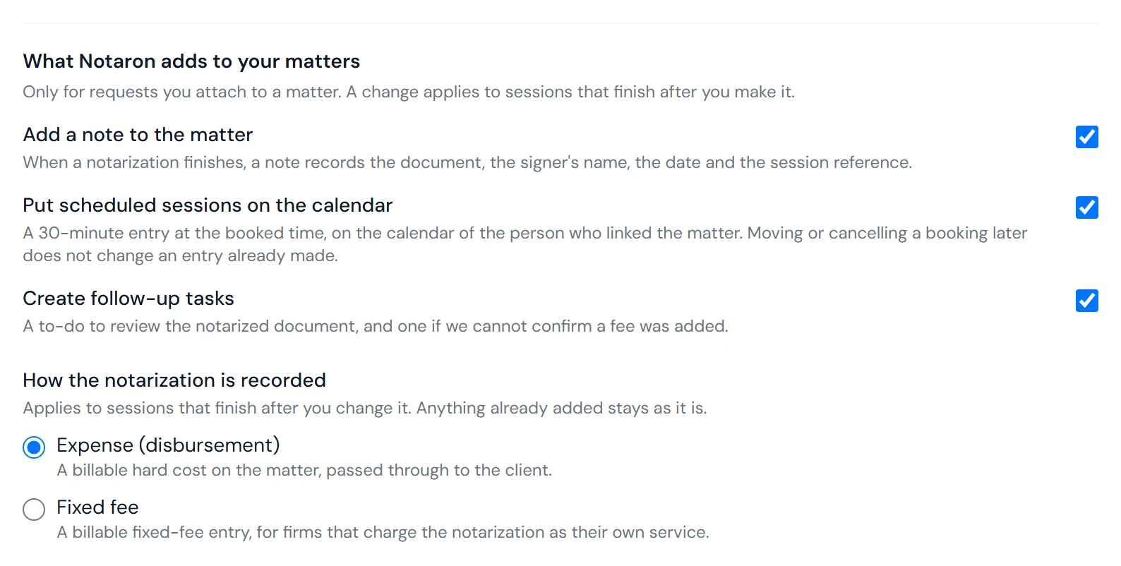 What Notaron adds to your matters settings
