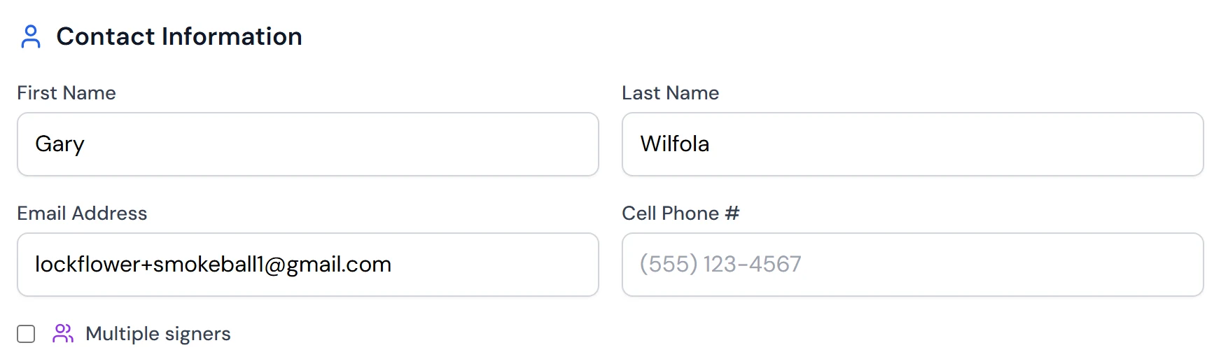 Contact Information filled in from the matter