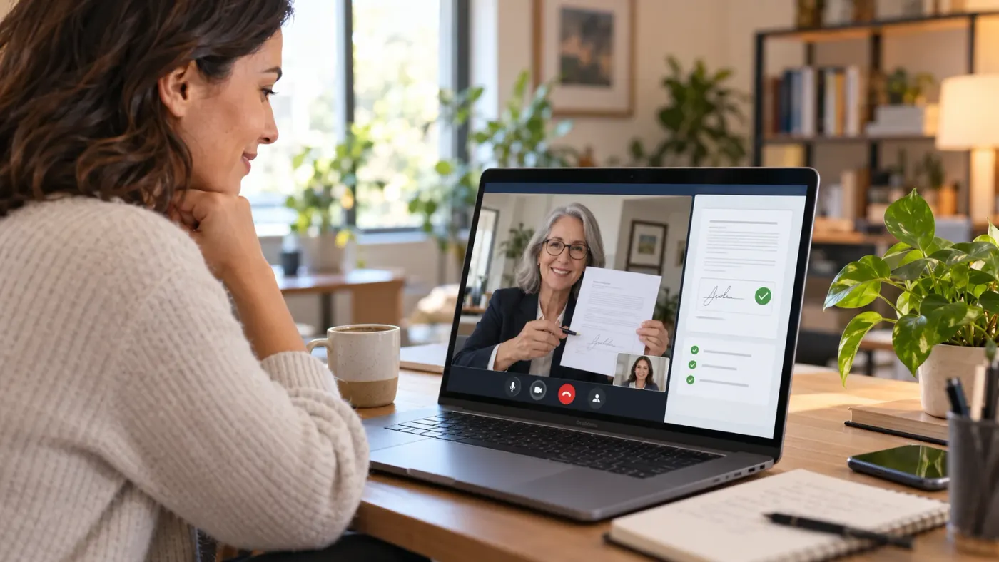 Woman at a laptop on a video call with an online notary, with her signed document and verification checks on screen